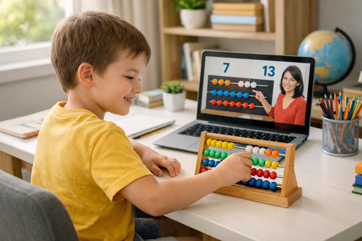 Child attending online abacus class with digital abacus and laptop at home